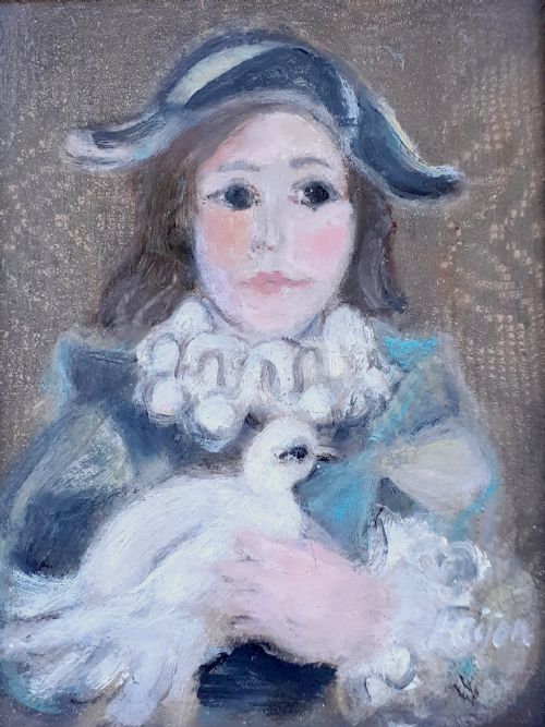 Harlequin with a Dove: Modernist Mid Century French Swedish Woman Artist Oil on Panel