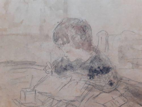 fig 1. Homework: the little schoolboy writing, ca 1910: French modern master Pierre Laprade (1875) wonderful provenance graphite and watercolour on paper