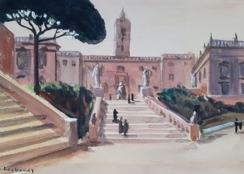 Figures in a Roman Square, Art Deco Period Ca 1930 View of Rome, Italy, by French Woman Artist Gouache on Paper