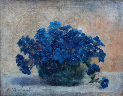 Humble Blue Petunias, Art Nouveau Period Floral Still Life by French Woman Artist Oil on Canvas