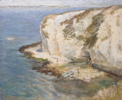Bathers in a Cove, Dorset English Summer Beach Scene Ca 1940s Old Harry Rocks, Studland Oil on Board British Woman Artist