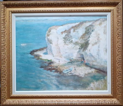 fig 1. Bathers in a Cove, Dorset English summer beach scene ca 1940s Old Harry Rocks, Studland oil on board British woman artist