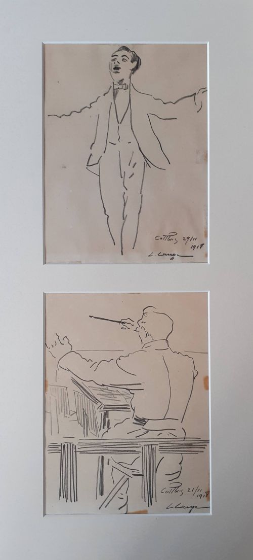 Music, Concert the Orchestra Performance: A Conductor, a Singer, Sketched Live 1918 German Expressionist Graphite Drawing