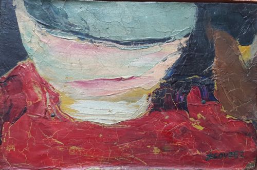 The Breakfast Bowl: Semi Abstracted Circa 1950 French Kitchen Still Life Modernist Oil on Board
