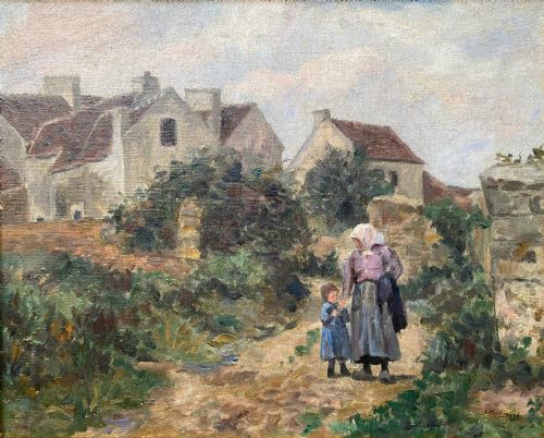 Mother and Child, Village Scene, 1899 French Barbizon Style Rural Landscape Oil on Canvas