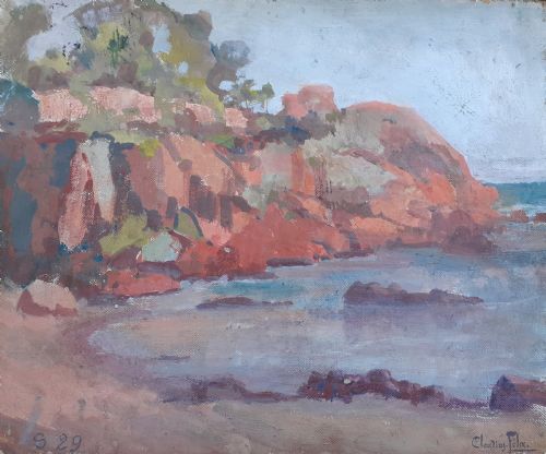 fig 1. An early 20th-century oil painting on board depicting rocky Mediterranean coastal cliffs with small figures resting near the water under a cloudy sky.