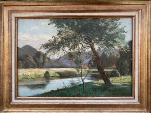 fig 1. Peaceful River Landscape, 1901 Summer in the Voges Mountains, the Moselle near Remiremont, French antique oil on canvas