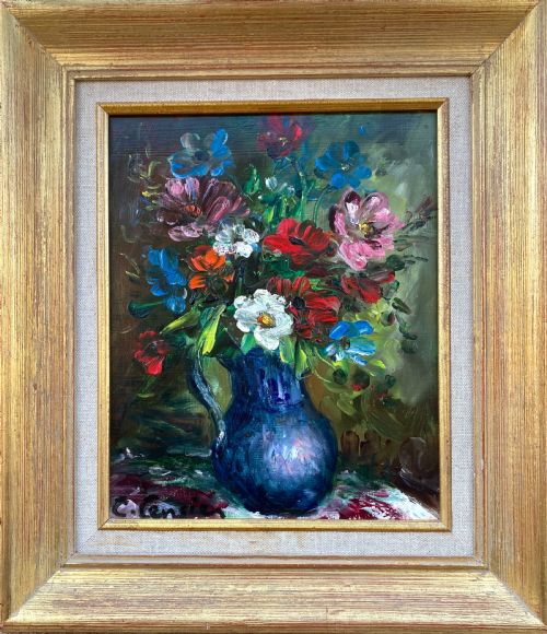"Some Blue and Red Flowers...blue Pot!"   Expressive Modern French Floral Still Life, Circa 1960  Oil on Board