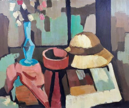 The Straw Hat: Abstracted Cubist Still Life Modernist French Oil on Panel