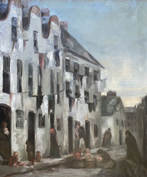 Activity in a Victorian Slum, Circa 1890: Stunning Large and Modern British Oil on Canvas