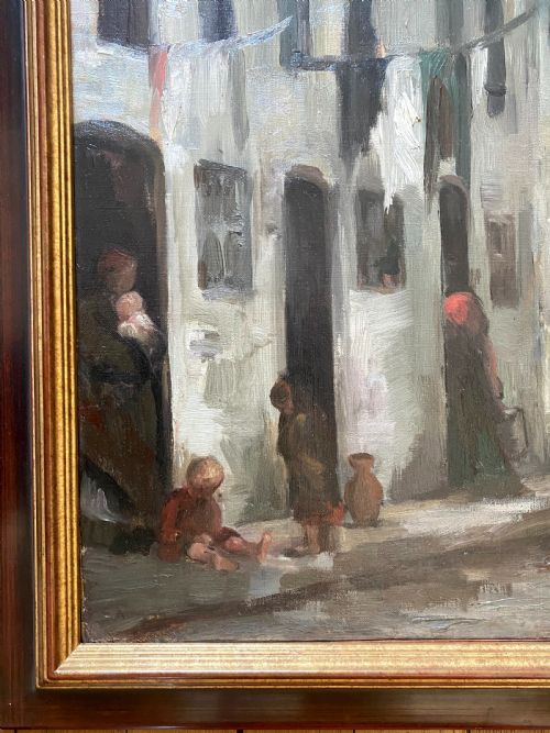 fig 1. Activity in a Victorian slum, circa 1890: stunning large and modern British oil on canvas