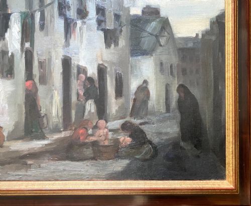 fig 2. Activity in a Victorian slum, circa 1890: stunning large and modern British oil on canvas