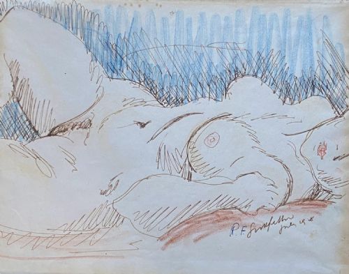 Audacious Art Deco Nude, 1918 Expressive Ink and Watercolour Painting on Paper