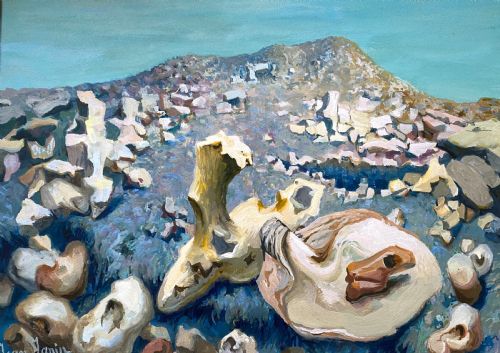 Surrealist Mushroom Mountain, Ca 1940, French Art Deco Gouache on Paper Painting