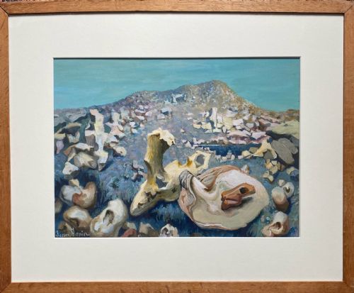 fig 1. Surrealist Mushroom Mountain, ca 1940, French Art Deco gouache on paper painting