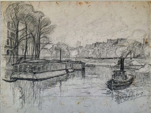 Bloomsbury Group Artist 1907 Paris Riverscape Barges on the Seine: Jean Hippolyte Marchand (1883–1941) Graphite on Paper Drawing