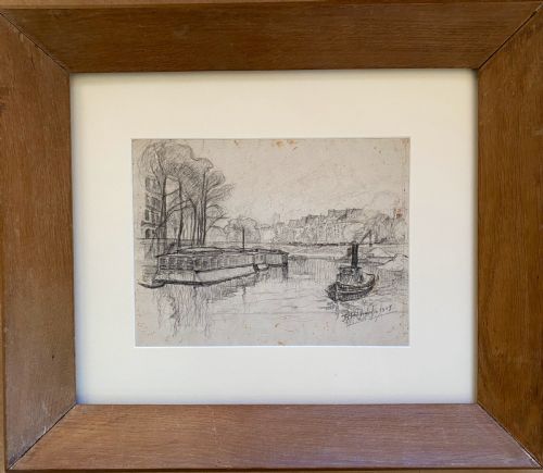 fig 1. Bloomsbury group artist 1907 Paris Riverscape barges on the Seine: Jean Hippolyte Marchand (1883–1941) graphite on paper drawing