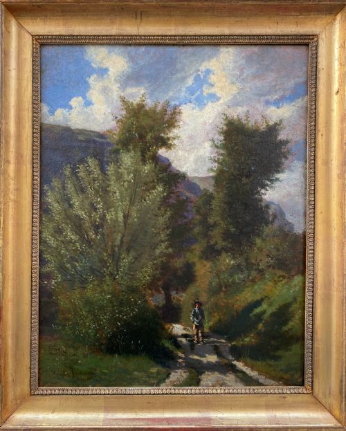 fig 1. Barbizon plein air painting:by Corot student: walking in the month of May, 1863, French 19th Century oil on board