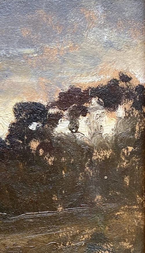 fig 2. Barbizon school, silhouetted trees, Fontainebleau forrest CHIAROSCURO effect plein air painting, circa 1860, French oil on paper on panel