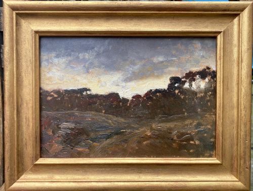 fig 1. Barbizon school, silhouetted trees, Fontainebleau forrest CHIAROSCURO effect plein air painting, circa 1860, French oil on paper on panel