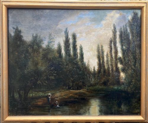 fig 1. Laundry on the River, circa 1860 French Barbizon landscape oil on canvas