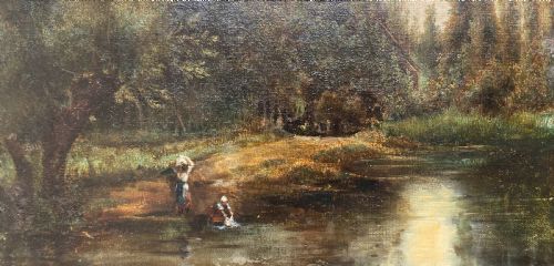 fig 2. Laundry on the River, circa 1860 French Barbizon landscape oil on canvas