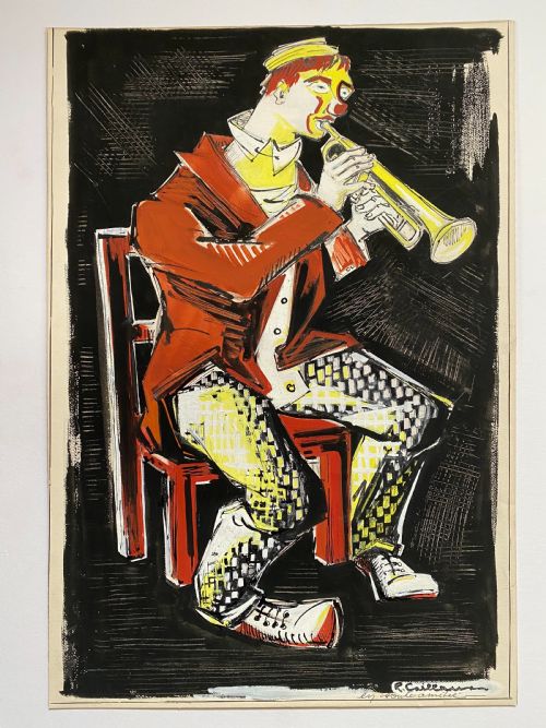 Jazzy Mid Century Depiction of a Trumpeter and Clown, Archille Zavatta Gouache Painting on Paper