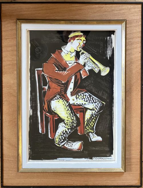 fig 1. A mid-century gouache painting on paper illustrating a clown in a red jacket and patterned trousers seated on a chair while playing a golden trumpet.
