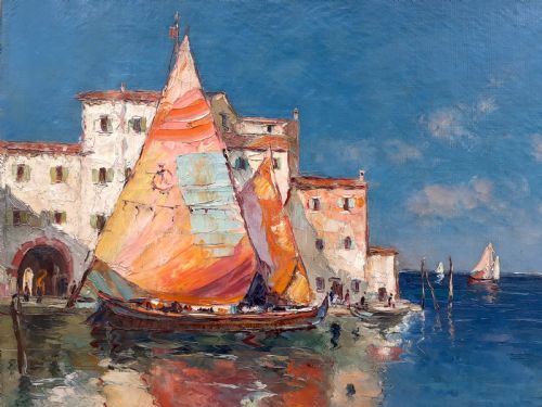 fig 1. Sail boats in the Venetian Lagoon, ca 1920 mediterranean seascape Venice, Italy sun flooded oil on canvas