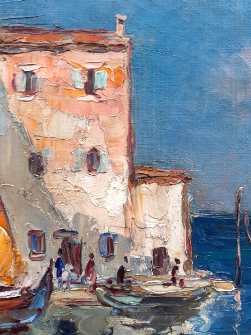 fig 2. Sail boats in the Venetian Lagoon, ca 1920 mediterranean seascape Venice, Italy sun flooded oil on canvas