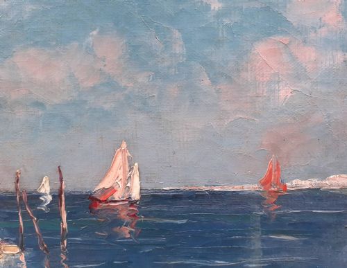 fig 3. Sail boats in the Venetian Lagoon, ca 1920 mediterranean seascape Venice, Italy sun flooded oil on canvas