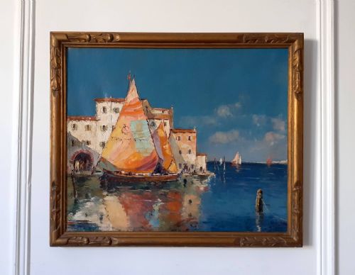 fig 5. Sail boats in the Venetian Lagoon, ca 1920 mediterranean seascape Venice, Italy sun flooded oil on canvas