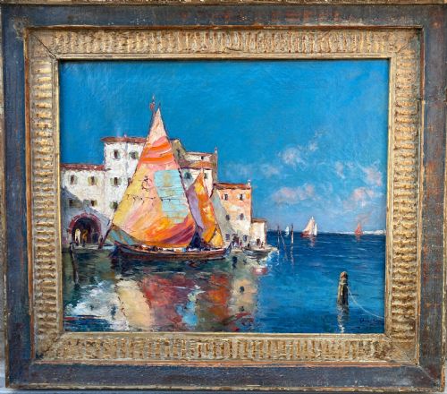 fig 8. Sail boats in the Venetian Lagoon, ca 1920 mediterranean seascape Venice, Italy sun flooded oil on canvas
