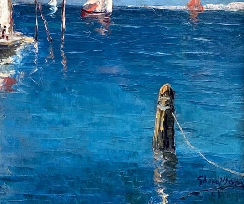 fig 9. Sail boats in the Venetian Lagoon, ca 1920 mediterranean seascape Venice, Italy sun flooded oil on canvas