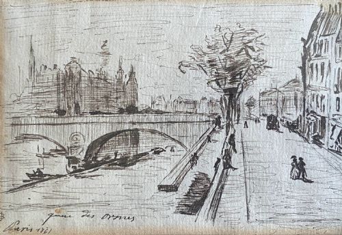 Paris, Promenade on the Quay of the Seine in 1861: Mysterious Miniature Antique Line Drawing on Paper