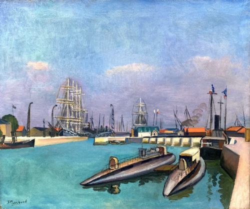 Masterpiece: Fauvist Submarines, 1915, Cubist Harbour Scene by Bloomsbury Group Artist Jean Hippolyte Marchand Large Antique Oil on Canvas