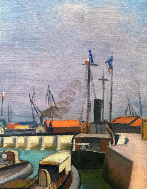 fig 1. Masterpiece: fauvist submarines, 1915, cubist harbour scene by Bloomsbury group artist Jean Hippolyte Marchand large antique oil on canvas