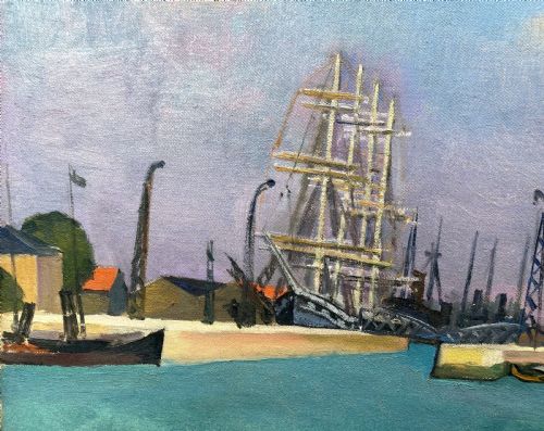 fig 2. Masterpiece: fauvist submarines, 1915, cubist harbour scene by Bloomsbury group artist Jean Hippolyte Marchand large antique oil on canvas