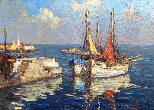 Sailboats on the Cote D'azur, the South of France, Circa 1920, French Mediterranean Summer Sea Landscape, Antique Oil on Panel
