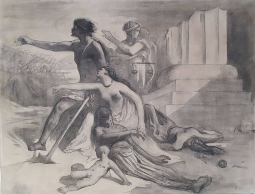 Allegorical Scene, Franco Prussian War Ca 1871 the Destroyed Temple, Large French Antique Academic Graphite on Paper Drawing