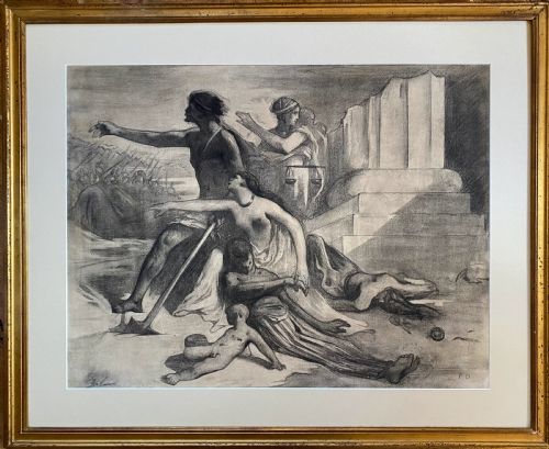 fig 1. An antique French graphite drawing on paper depicting allegorical classical figures amidst temple ruins.