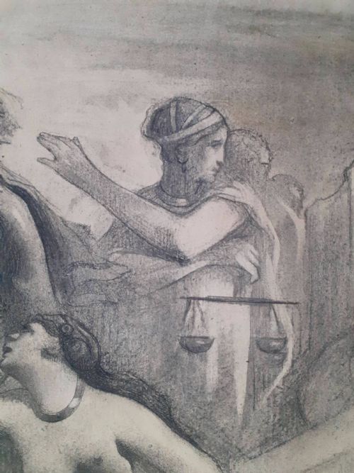 fig 2. An antique French graphite drawing on paper depicting allegorical classical figures amidst temple ruins.