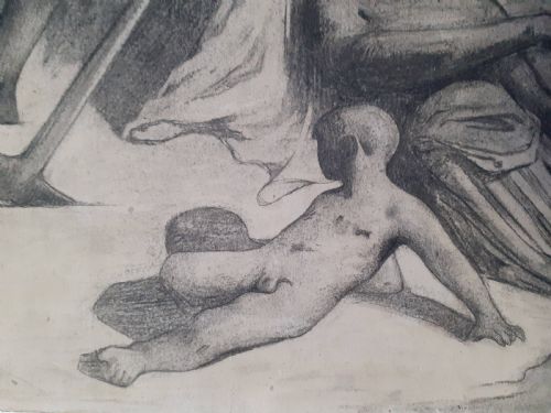 fig 3. An antique French graphite drawing on paper depicting allegorical classical figures amidst temple ruins.