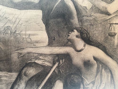 fig 4. An antique French graphite drawing on paper depicting allegorical classical figures amidst temple ruins.