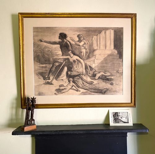 fig 5. An antique French graphite drawing on paper depicting allegorical classical figures amidst temple ruins.