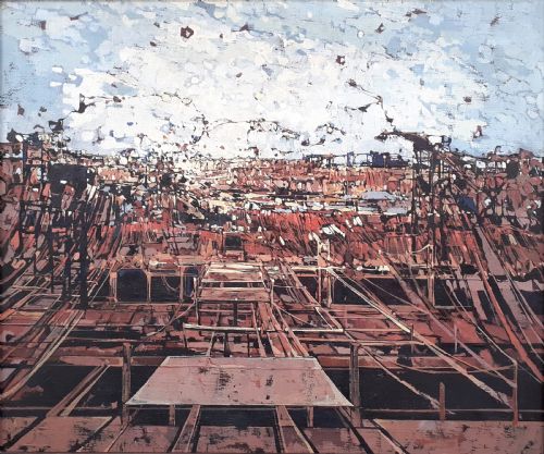 Construction..the Sky! Exhilarating Abstract Modernist Composition Ca 1960 French Oil on Canvas