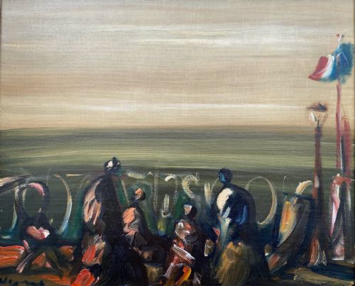 Figures on a Balcony, Overlooking the Sea, Magical Austrian Surrealist Expressionist Oil on Canvas
