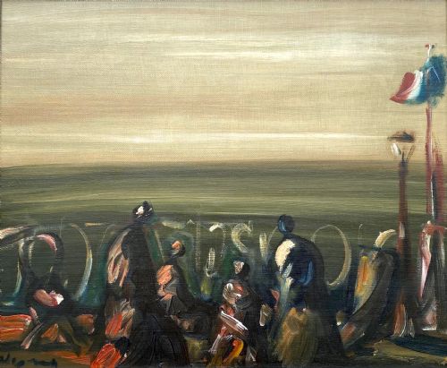 fig 3. Figures on a balcony, overlooking the sea, magical Austrian surrealist expressionist oil on canvas