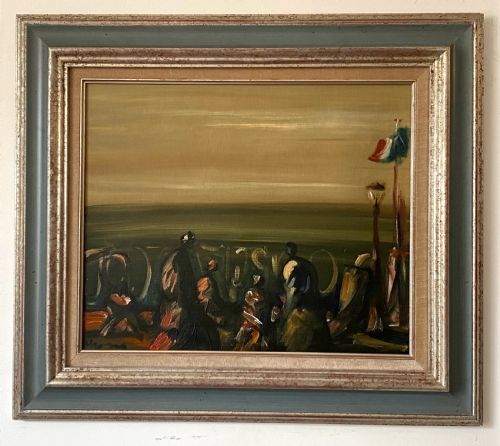 fig 4. Figures on a balcony, overlooking the sea, magical Austrian surrealist expressionist oil on canvas