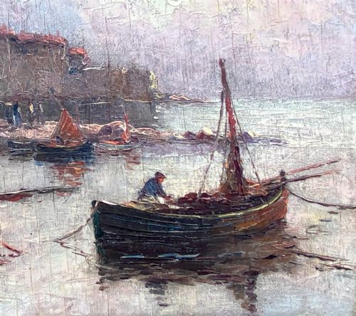 fig 1. Cote d'Azur, Boats in the harbour of Saint Tropez, ca 1930, evening light Provence French Riviera Mediterranean seascape oil on panel